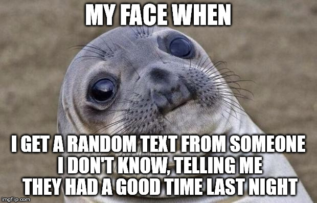 Awkward Moment Sealion | MY FACE WHEN; I GET A RANDOM TEXT FROM SOMEONE I DON'T KNOW, TELLING ME THEY HAD A GOOD TIME LAST NIGHT | image tagged in memes,awkward moment sealion | made w/ Imgflip meme maker