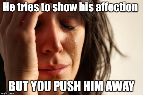 First World Problems Meme | He tries to show his affection; BUT YOU PUSH HIM AWAY | image tagged in memes,first world problems | made w/ Imgflip meme maker