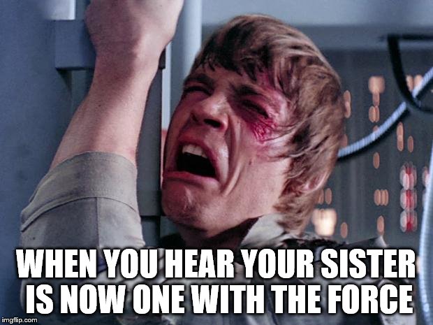 R.I.P. Carrie Fisher... | WHEN YOU HEAR YOUR SISTER IS NOW ONE WITH THE FORCE | image tagged in luke nooooo,star wars,memes | made w/ Imgflip meme maker