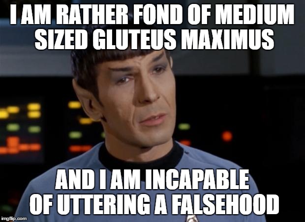 Spock Illogical | I AM RATHER FOND OF MEDIUM SIZED GLUTEUS MAXIMUS; AND I AM INCAPABLE OF UTTERING A FALSEHOOD | image tagged in spock illogical | made w/ Imgflip meme maker