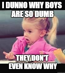 Little girl Dunno | I DUNNO WHY BOYS ARE SO DUMB; THEY DON'T EVEN KNOW WHY | image tagged in little girl dunno,memes | made w/ Imgflip meme maker