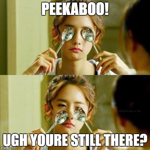 Me playing peekaboo with my niece for 2 hours. | PEEKABOO! UGH YOURE STILL THERE? | image tagged in peekayoo,yoona,peekaboo | made w/ Imgflip meme maker