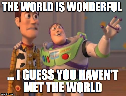 X, X Everywhere | THE WORLD IS WONDERFUL; ... I GUESS YOU HAVEN'T MET THE WORLD | image tagged in memes,x x everywhere | made w/ Imgflip meme maker
