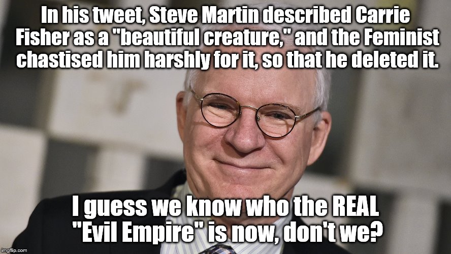 The Stormtrooper Feminist Strike Back over a compliment. | In his tweet, Steve Martin described Carrie Fisher as a "beautiful creature," and the Feminist chastised him harshly for it, so that he deleted it. I guess we know who the REAL "Evil Empire" is now, don't we? | image tagged in steve martin | made w/ Imgflip meme maker