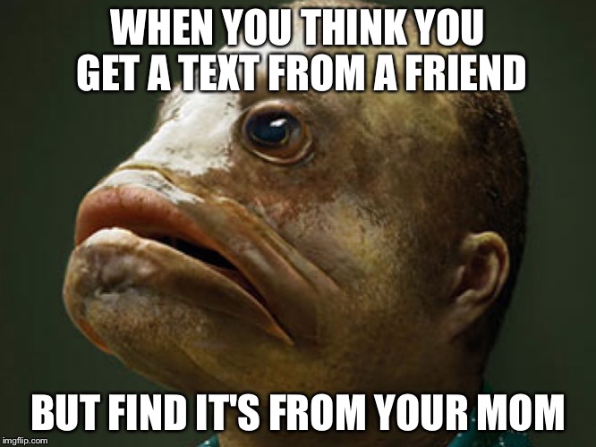 I've officially stopped trying  | WHEN YOU THINK YOU GET A TEXT FROM A FRIEND; BUT FIND IT'S FROM YOUR MOM | image tagged in demented fish man | made w/ Imgflip meme maker