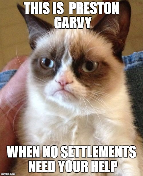 Grumpy Cat | THIS IS 
PRESTON GARVY; WHEN NO SETTLEMENTS NEED YOUR HELP | image tagged in memes,grumpy cat | made w/ Imgflip meme maker