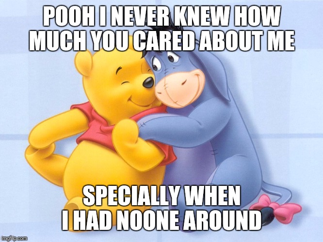 Winnie the pooh | POOH I NEVER KNEW HOW MUCH YOU CARED ABOUT ME; SPECIALLY WHEN I HAD NOONE AROUND | image tagged in winnie the pooh | made w/ Imgflip meme maker