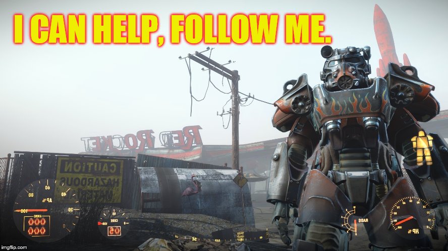 I CAN HELP, FOLLOW ME. | image tagged in fallout 4 t60 atom cats | made w/ Imgflip meme maker