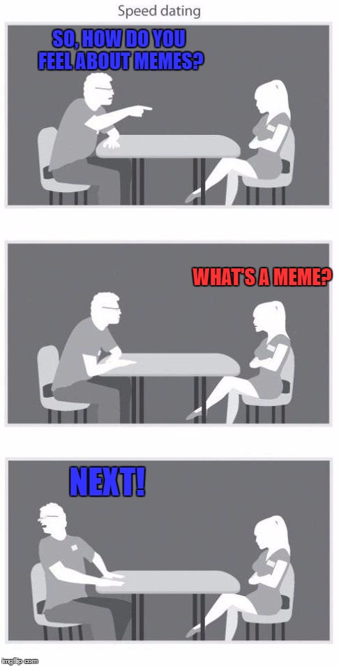 Speed dating | SO, HOW DO YOU FEEL ABOUT MEMES? WHAT'S A MEME? NEXT! | image tagged in speed dating | made w/ Imgflip meme maker