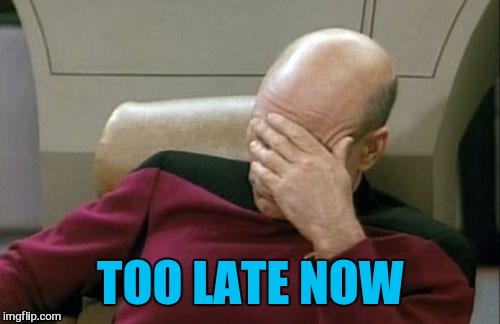 Captain Picard Facepalm Meme | TOO LATE NOW | image tagged in memes,captain picard facepalm | made w/ Imgflip meme maker