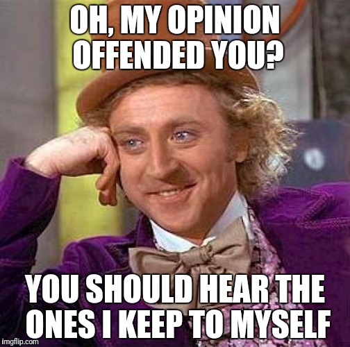 Creepy Condescending Wonka Meme | OH, MY OPINION OFFENDED YOU? YOU SHOULD HEAR THE ONES I KEEP TO MYSELF | image tagged in memes,creepy condescending wonka | made w/ Imgflip meme maker