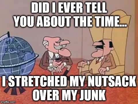 DID I EVER TELL YOU ABOUT THE TIME... I STRETCHED MY NUTSACK OVER MY JUNK | made w/ Imgflip meme maker