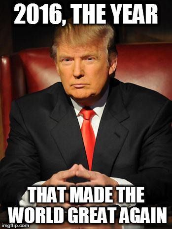 Serious Trump | 2016, THE YEAR; THAT MADE THE WORLD GREAT AGAIN | image tagged in serious trump | made w/ Imgflip meme maker
