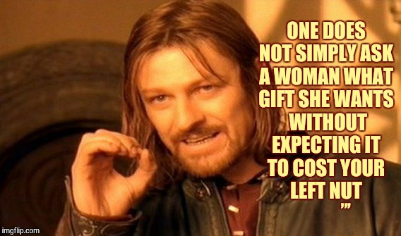 One Does Not Simply Meme | ONE DOES NOT SIMPLY ASK A WOMAN WHAT GIFT SHE WANTS  WITHOUT EXPECTING IT TO COST YOUR      LEFT NUT ,,, | image tagged in memes,one does not simply | made w/ Imgflip meme maker