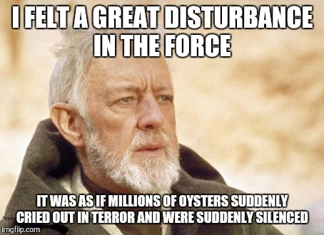 Obi Wan Kenobi Meme | I FELT A GREAT DISTURBANCE IN THE FORCE; IT WAS AS IF MILLIONS OF OYSTERS SUDDENLY CRIED OUT IN TERROR AND WERE SUDDENLY SILENCED | image tagged in memes,obi wan kenobi | made w/ Imgflip meme maker