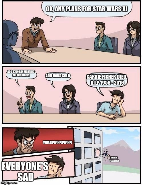 Boardroom Meeting Suggestion | OK, ANY PLANS FOR STAR WARS XI; ADD  KYLO REN FIGHTING ALL THE REBELS; ADD HANS SOLO; CARRIE FISHER DIED. R.I.P 1956 - 2016; WHAT!?!?!??!?!?!??! REST IN PEACE LIEA; EVERYONE'S SAD | image tagged in memes,boardroom meeting suggestion | made w/ Imgflip meme maker