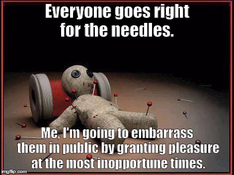 Voodoo Doll | Everyone goes right for the needles. Me, I'm going to embarrass them in public by granting pleasure at the most inopportune times. | image tagged in voodoo doll | made w/ Imgflip meme maker