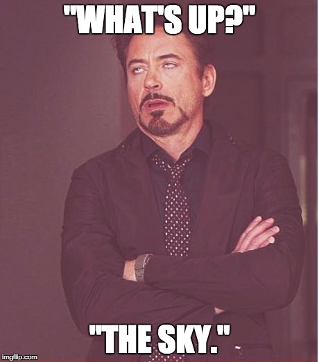 Face You Make Robert Downey Jr Meme | "WHAT'S UP?"; "THE SKY." | image tagged in memes,face you make robert downey jr | made w/ Imgflip meme maker