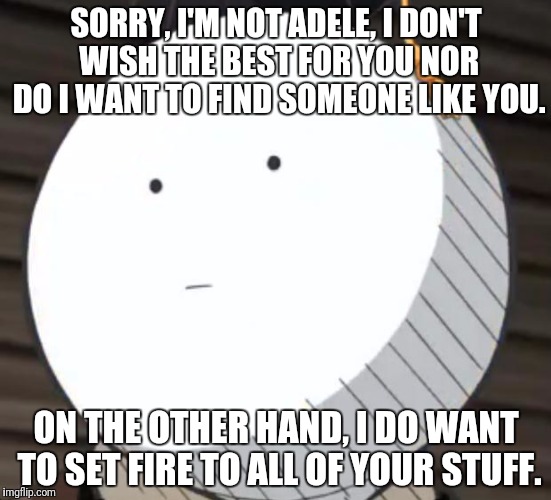 Korosense Straight Face | SORRY, I'M NOT ADELE, I DON'T WISH THE BEST FOR YOU NOR DO I WANT TO FIND SOMEONE LIKE YOU. ON THE OTHER HAND, I DO WANT TO SET FIRE TO ALL OF YOUR STUFF. | image tagged in korosense straight face | made w/ Imgflip meme maker