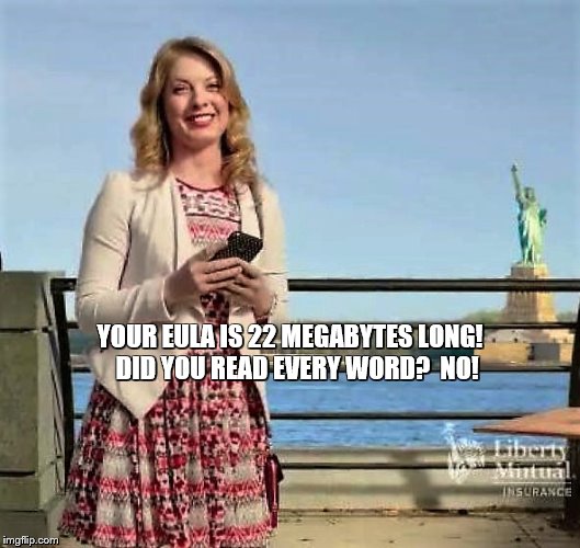 YOUR EULA IS 22 MEGABYTES LONG!   DID YOU READ EVERY WORD?  NO! | made w/ Imgflip meme maker