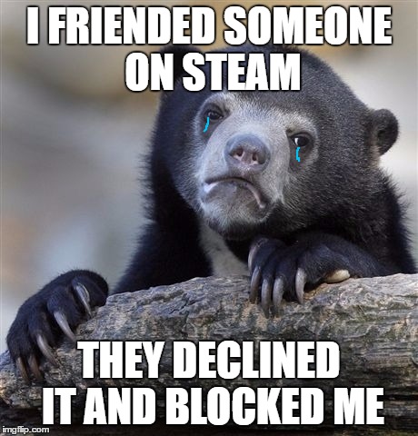 Confession Bear | I FRIENDED SOMEONE ON STEAM; THEY DECLINED IT AND BLOCKED ME | image tagged in memes,confession bear | made w/ Imgflip meme maker