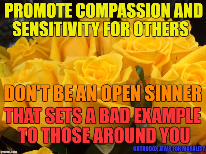 Compassion | PROMOTE COMPASSION AND SENSITIVITY FOR OTHERS; DON'T BE AN OPEN SINNER; THAT SETS A BAD EXAMPLE TO THOSE AROUND YOU; ORTHODOX JEWS FOR MORALITY | image tagged in compassion | made w/ Imgflip meme maker