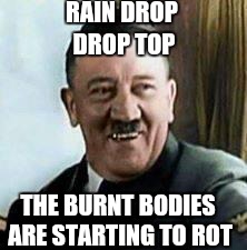 laughing hitler | RAIN DROP; DROP TOP; THE BURNT BODIES ARE STARTING TO ROT | image tagged in laughing hitler | made w/ Imgflip meme maker