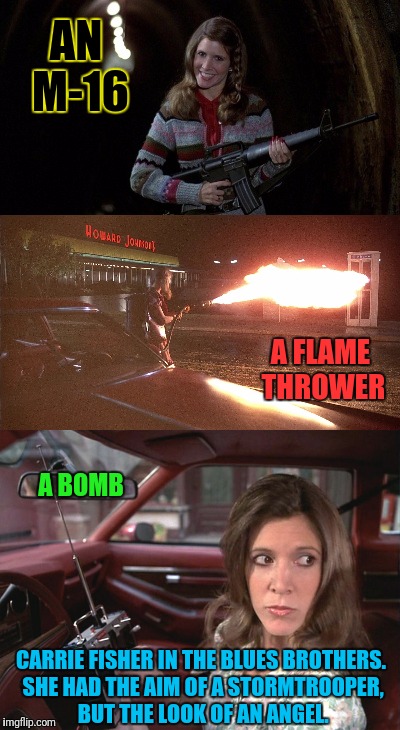 More Than Just Princess Leia | AN M-16; A FLAME THROWER; A BOMB; CARRIE FISHER IN THE BLUES BROTHERS. SHE HAD THE AIM OF A STORMTROOPER, BUT THE LOOK OF AN ANGEL. | image tagged in carrie fisher,blues brothers,princess leia,rip,memorial,star wars | made w/ Imgflip meme maker