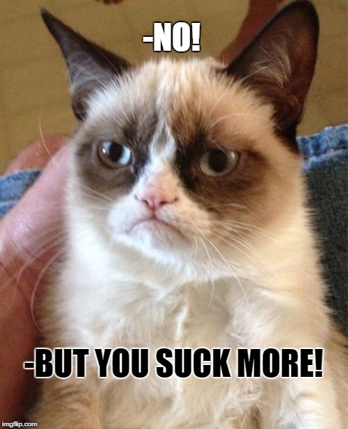 Grumpy Cat Meme | -NO! -BUT YOU SUCK MORE! | image tagged in memes,grumpy cat | made w/ Imgflip meme maker