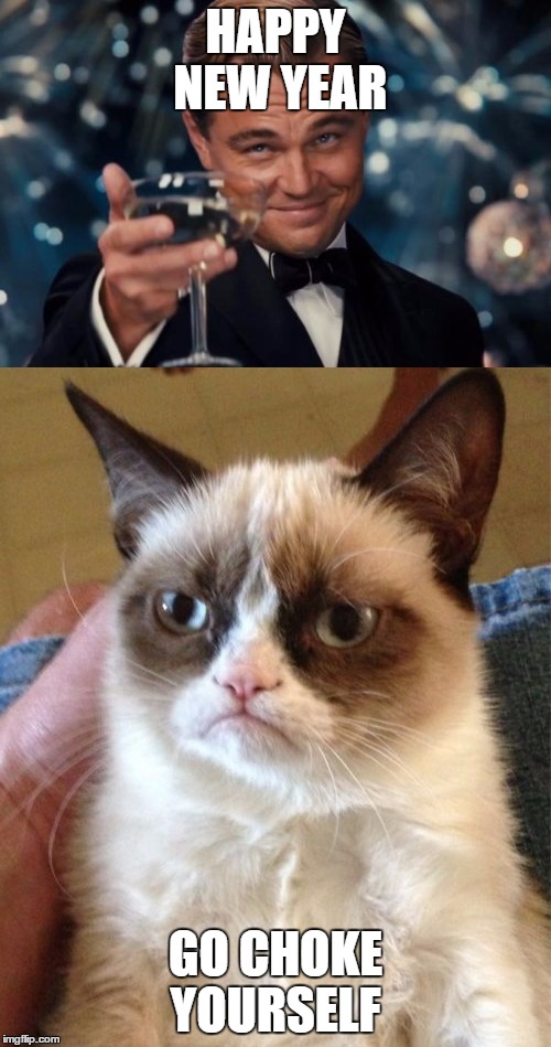 Happy new year | HAPPY NEW YEAR; GO CHOKE YOURSELF | image tagged in leonardo dicaprio cheers,grumpy cat,memes | made w/ Imgflip meme maker
