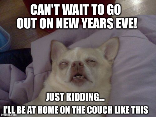 CAN'T WAIT TO GO OUT ON NEW YEARS EVE! I'LL BE AT HOME ON THE COUCH LIKE THIS; JUST KIDDING... | image tagged in happy new year,funny | made w/ Imgflip meme maker