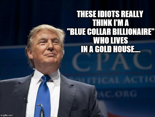 Smirking Donald Trump | THESE IDIOTS REALLY THINK I'M A "BLUE COLLAR BILLIONAIRE" WHO LIVES IN A GOLD HOUSE.... | image tagged in smirking donald trump | made w/ Imgflip meme maker