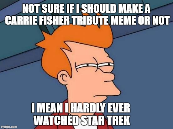 Futurama Fry | NOT SURE IF I SHOULD MAKE A CARRIE FISHER TRIBUTE MEME OR NOT; I MEAN I HARDLY EVER WATCHED STAR TREK | image tagged in memes,futurama fry | made w/ Imgflip meme maker