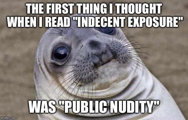 Awkward Moment Sealion Meme | THE FIRST THING I THOUGHT WHEN I READ "INDECENT EXPOSURE" WAS "PUBLIC NUDITY" | image tagged in memes,awkward moment sealion | made w/ Imgflip meme maker