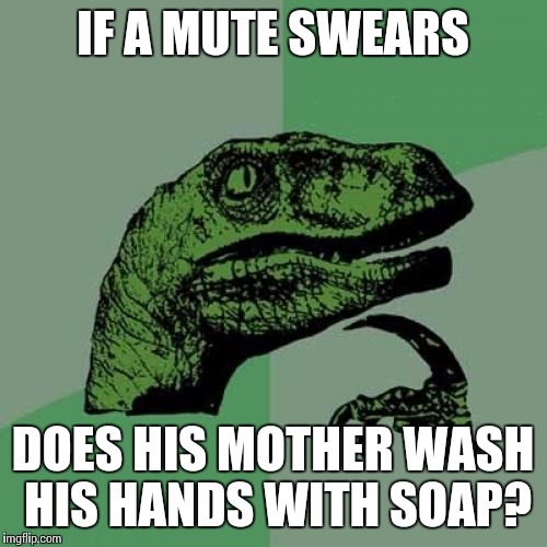 Philosoraptor | IF A MUTE SWEARS; DOES HIS MOTHER WASH HIS HANDS WITH SOAP? | image tagged in memes,philosoraptor | made w/ Imgflip meme maker