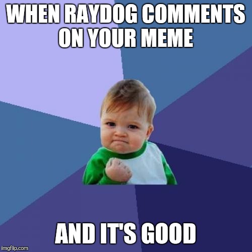 Success Kid Meme | WHEN RAYDOG COMMENTS ON YOUR MEME; AND IT'S GOOD | image tagged in memes,success kid | made w/ Imgflip meme maker