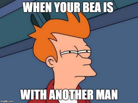 Futurama Fry | WHEN YOUR BEA IS; WITH ANOTHER MAN | image tagged in memes,futurama fry | made w/ Imgflip meme maker