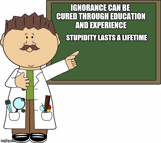 There is a diffence, but stupid people can't understand | IGNORANCE CAN BE CURED THROUGH EDUCATION AND EXPERIENCE; STUPIDITY LASTS A LIFETIME | image tagged in ignorance,stupidity,education,experience,intelligent | made w/ Imgflip meme maker