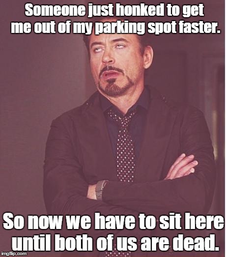 Face You Make Robert Downey Jr | Someone just honked to get me out of my parking spot faster. So now we have to sit here until both of us are dead. | image tagged in memes,face you make robert downey jr | made w/ Imgflip meme maker