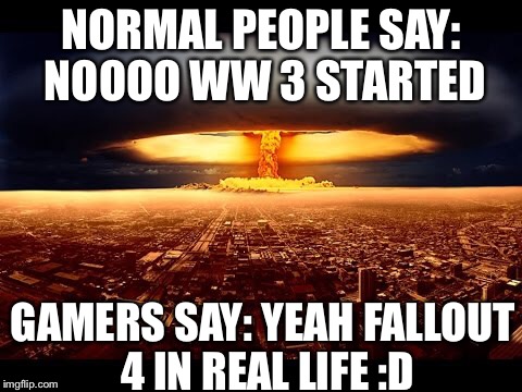 Normal people vs gamers | NORMAL PEOPLE SAY: NOOOO WW 3 STARTED; GAMERS SAY: YEAH FALLOUT 4 IN REAL LIFE :D | image tagged in ww3 | made w/ Imgflip meme maker