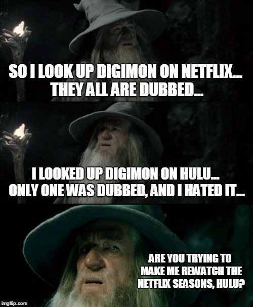 True Story | SO I LOOK UP DIGIMON ON NETFLIX... THEY ALL ARE DUBBED... I LOOKED UP DIGIMON ON HULU... ONLY ONE WAS DUBBED, AND I HATED IT... ARE YOU TRYING TO MAKE ME REWATCH THE NETFLIX SEASONS, HULU? | image tagged in memes,confused gandalf,digimon,netflix,hulu | made w/ Imgflip meme maker