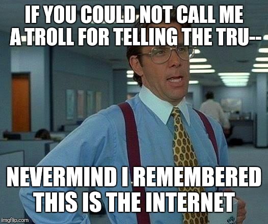 That Would Be Great Meme | IF YOU COULD NOT CALL ME A TROLL FOR TELLING THE TRU--; NEVERMIND I REMEMBERED THIS IS THE INTERNET | image tagged in memes,that would be great | made w/ Imgflip meme maker