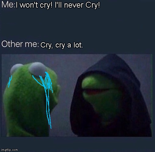 We all have that one time, no? | I won't cry! I'll never Cry! Cry, cry a lot. | image tagged in evil kermit,true,cry,memes | made w/ Imgflip meme maker