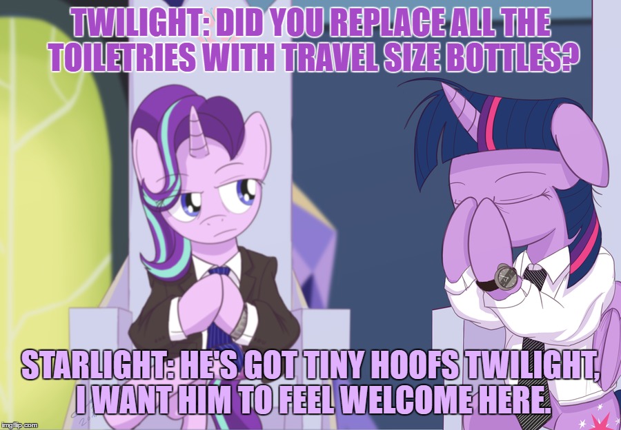 TWILIGHT: DID YOU REPLACE ALL THE TOILETRIES WITH TRAVEL SIZE BOTTLES? STARLIGHT: HE'S GOT TINY HOOFS TWILIGHT, I WANT HIM TO FEEL WELCOME HERE. | made w/ Imgflip meme maker