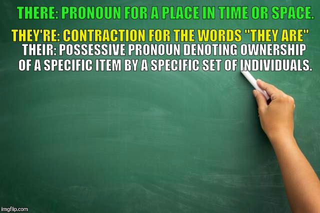 THERE: PRONOUN FOR A PLACE IN TIME OR SPACE. THEIR: POSSESSIVE PRONOUN DENOTING OWNERSHIP OF A SPECIFIC ITEM BY A SPECIFIC SET OF INDIVIDUAL | made w/ Imgflip meme maker