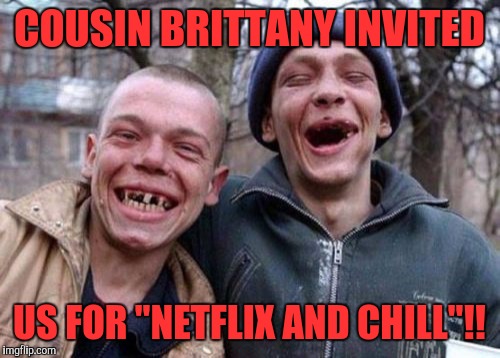 Ugly Twins Meme | COUSIN BRITTANY INVITED; US FOR "NETFLIX AND CHILL"!! | image tagged in memes,ugly twins | made w/ Imgflip meme maker
