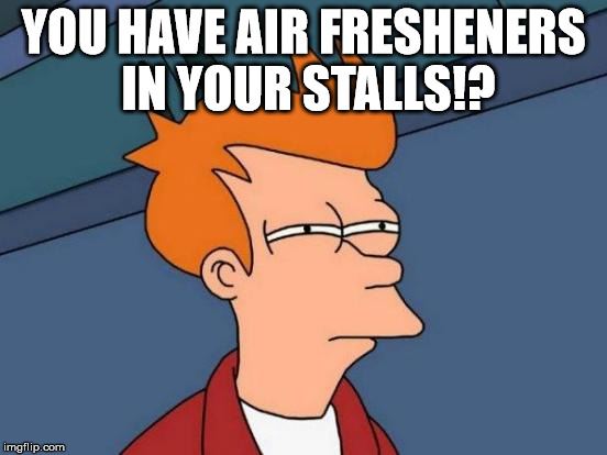 Futurama Fry Meme | YOU HAVE AIR FRESHENERS IN YOUR STALLS!? | image tagged in memes,futurama fry | made w/ Imgflip meme maker