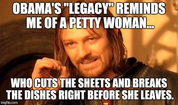 Obama Leaving Office |  OBAMA'S "LEGACY" REMINDS ME OF A PETTY WOMAN... WHO CUTS THE SHEETS AND BREAKS THE DISHES RIGHT BEFORE SHE LEAVES. | image tagged in memes,one does not simply,obama,pissed off obama,obama legacy | made w/ Imgflip meme maker
