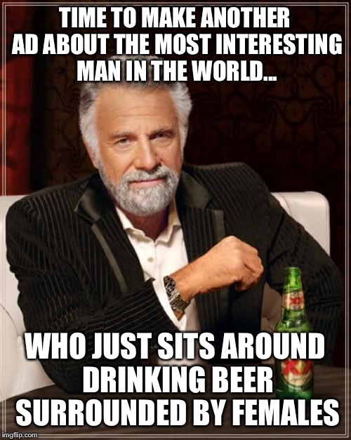 The Most Interesting Man In The World Meme | TIME TO MAKE ANOTHER AD ABOUT THE MOST INTERESTING MAN IN THE WORLD... WHO JUST SITS AROUND DRINKING BEER SURROUNDED BY FEMALES | image tagged in memes,the most interesting man in the world | made w/ Imgflip meme maker