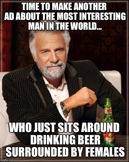 The Most Interesting Man In The World | TIME TO MAKE ANOTHER AD ABOUT THE MOST INTERESTING MAN IN THE WORLD... WHO JUST SITS AROUND DRINKING BEER SURROUNDED BY FEMALES | image tagged in memes,the most interesting man in the world | made w/ Imgflip meme maker